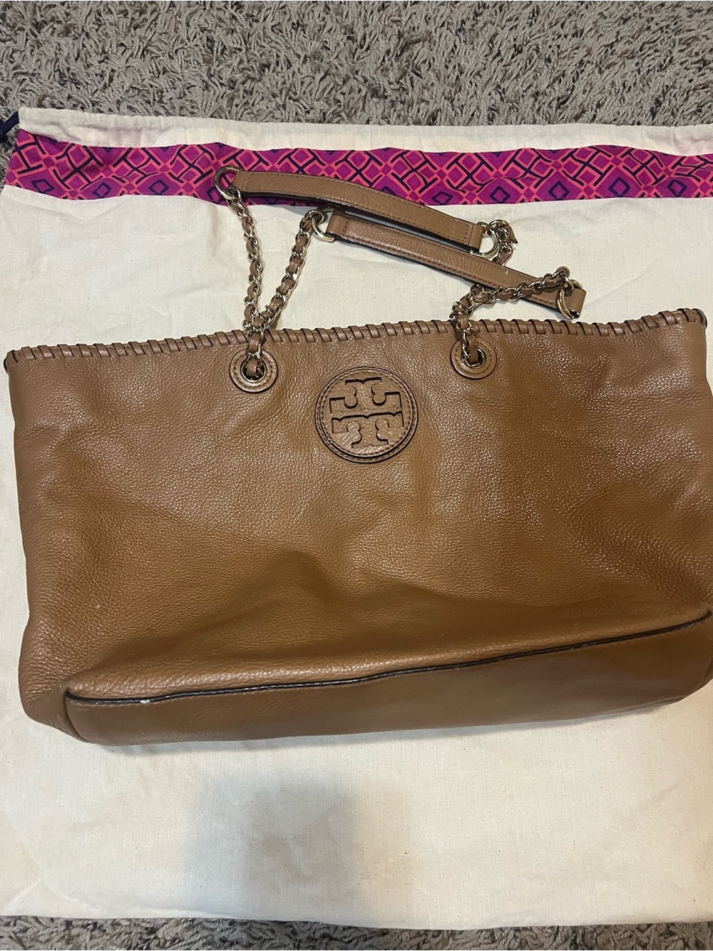 Tory Burch Tan Leather Chain-Handle Tote with Whipstitch Trim